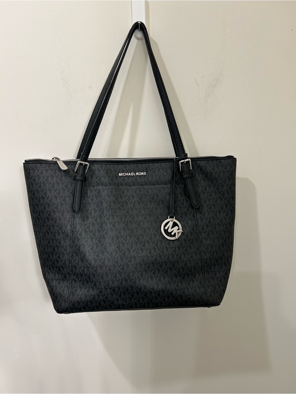 Michael Kors Black MK Logo Tote with Silver Charm
